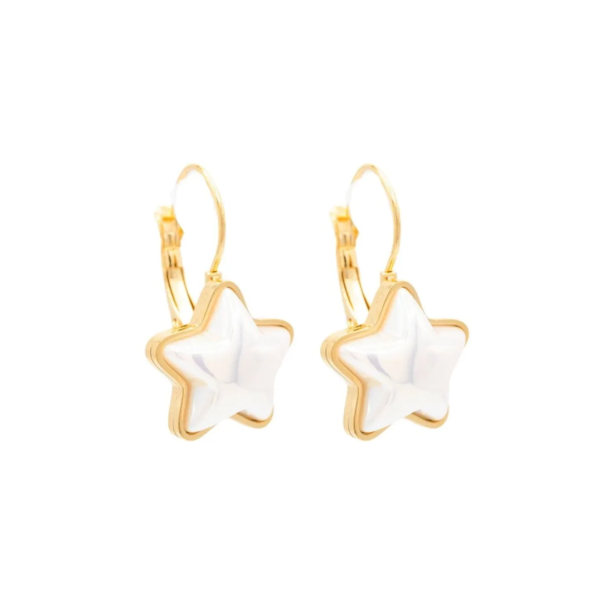 14k Gold Opalite Star Leverback Huggie Hoop Earring Celestial Shape