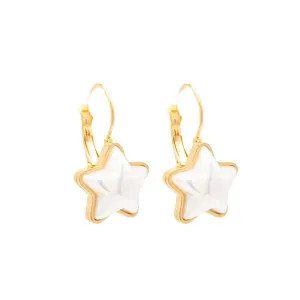 14k Gold Opalite Star Leverback Huggie Hoop Earring Celestial Shape