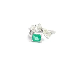 14k White Gold .73ct G VS2 Marquise Shape Diamond / .71ct G VS2 Pear Shape Diamond/ .68ct Colombian Emerald  Emerald Shape Toi et Moi Ring