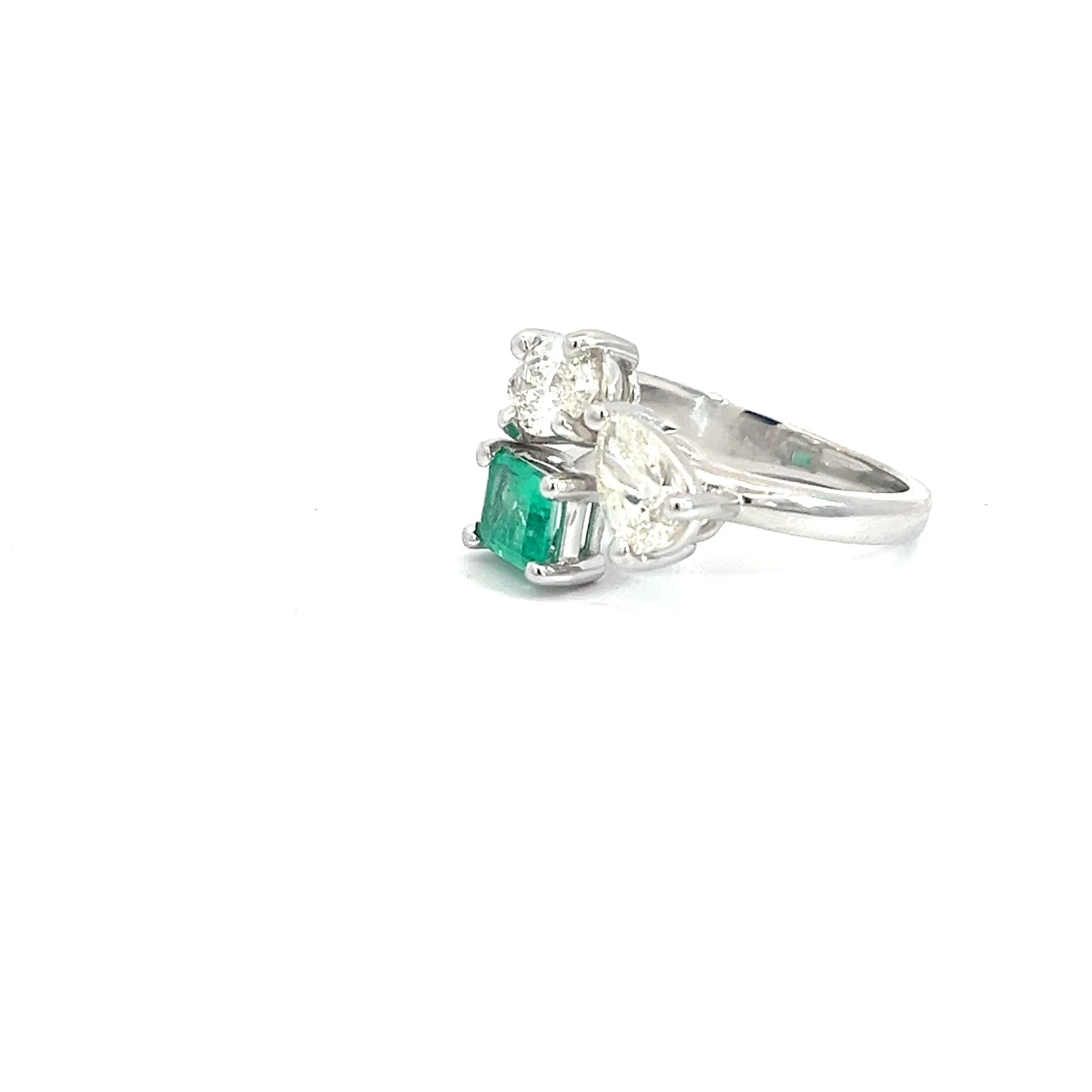 14k White Gold .73ct G VS2 Marquise Shape Diamond / .71ct G VS2 Pear Shape Diamond/ .68ct Colombian Emerald  Emerald Shape Toi et Moi Ring