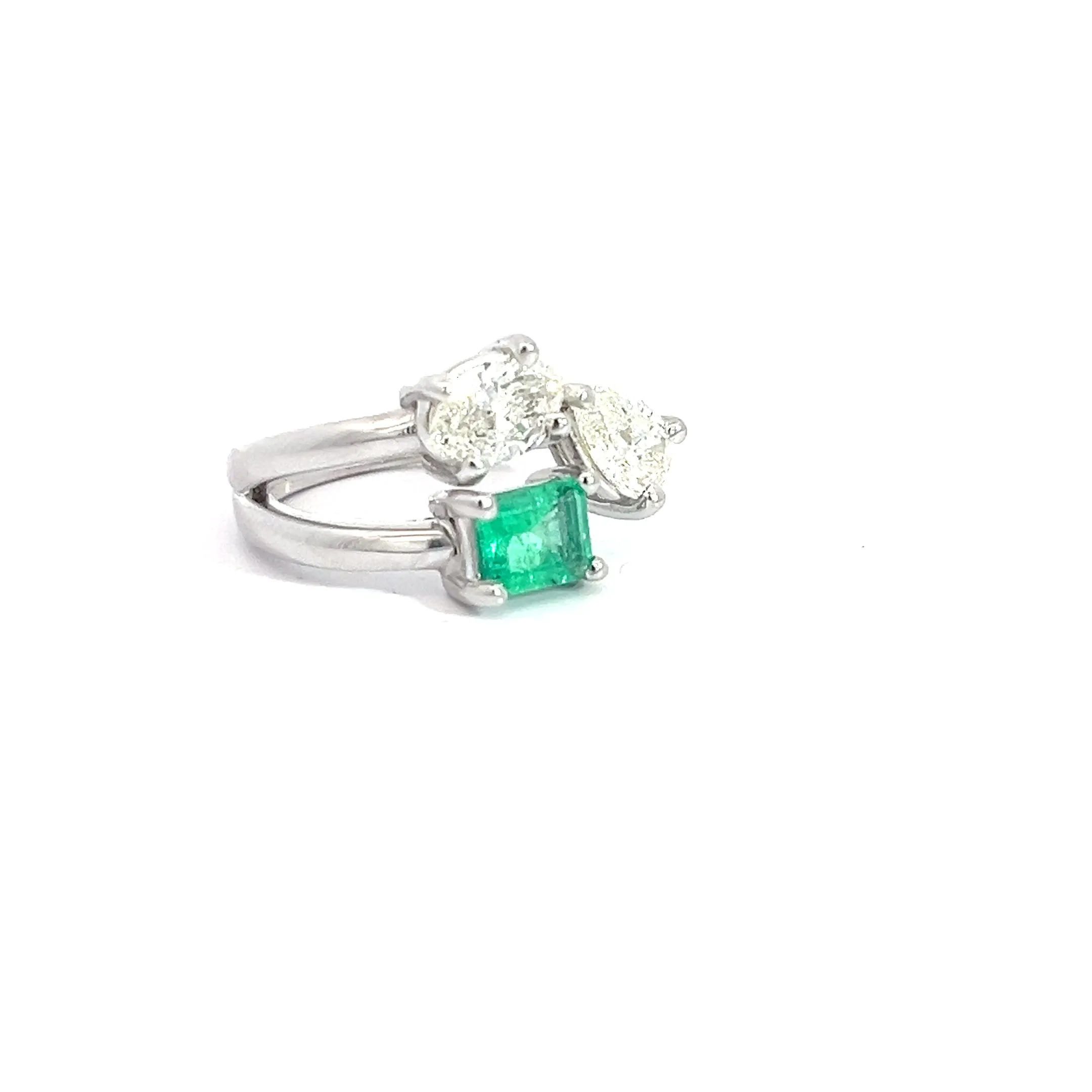 14k White Gold .73ct G VS2 Marquise Shape Diamond / .71ct G VS2 Pear Shape Diamond/ .68ct Colombian Emerald  Emerald Shape Toi et Moi Ring