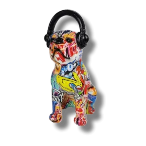 Abstract Painted Bulldog and Headphone Pop Sculpture