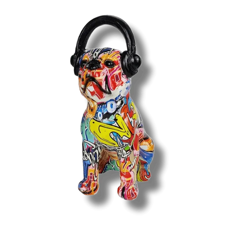 Abstract Painted Bulldog and Headphone Pop Sculpture