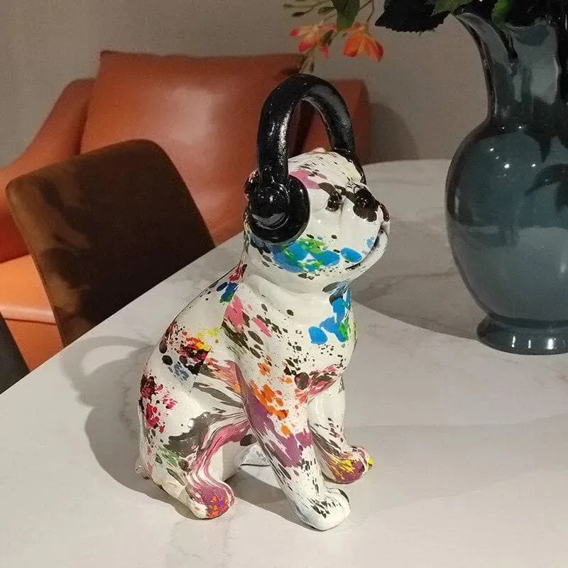 Abstract Painted Bulldog and Headphone Pop Sculpture