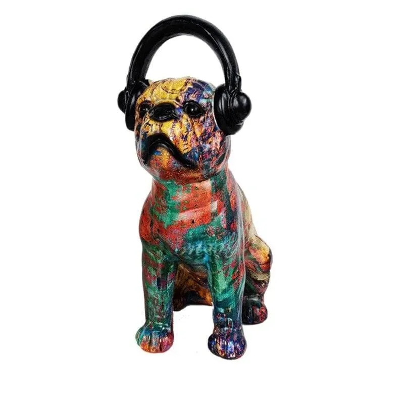 Abstract Painted Bulldog and Headphone Pop Sculpture
