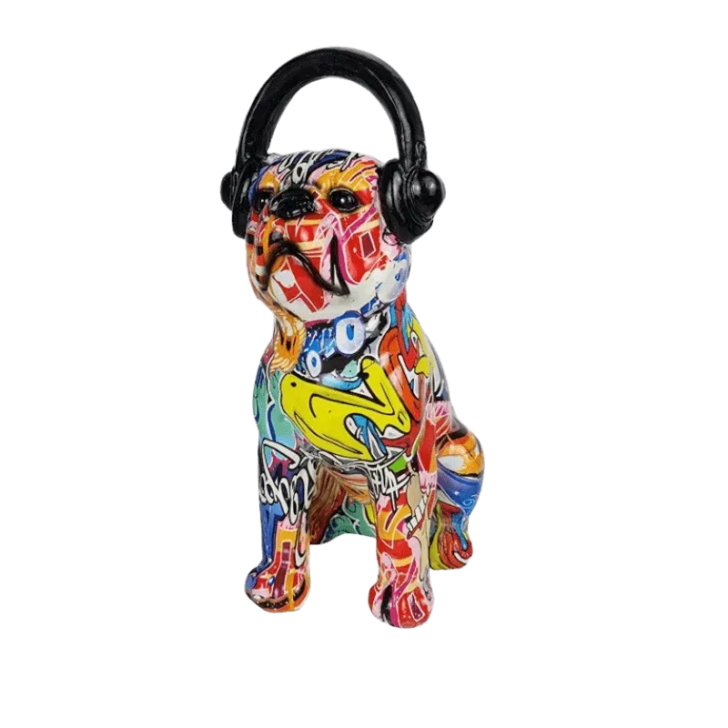 Abstract Painted Bulldog and Headphone Pop Sculpture