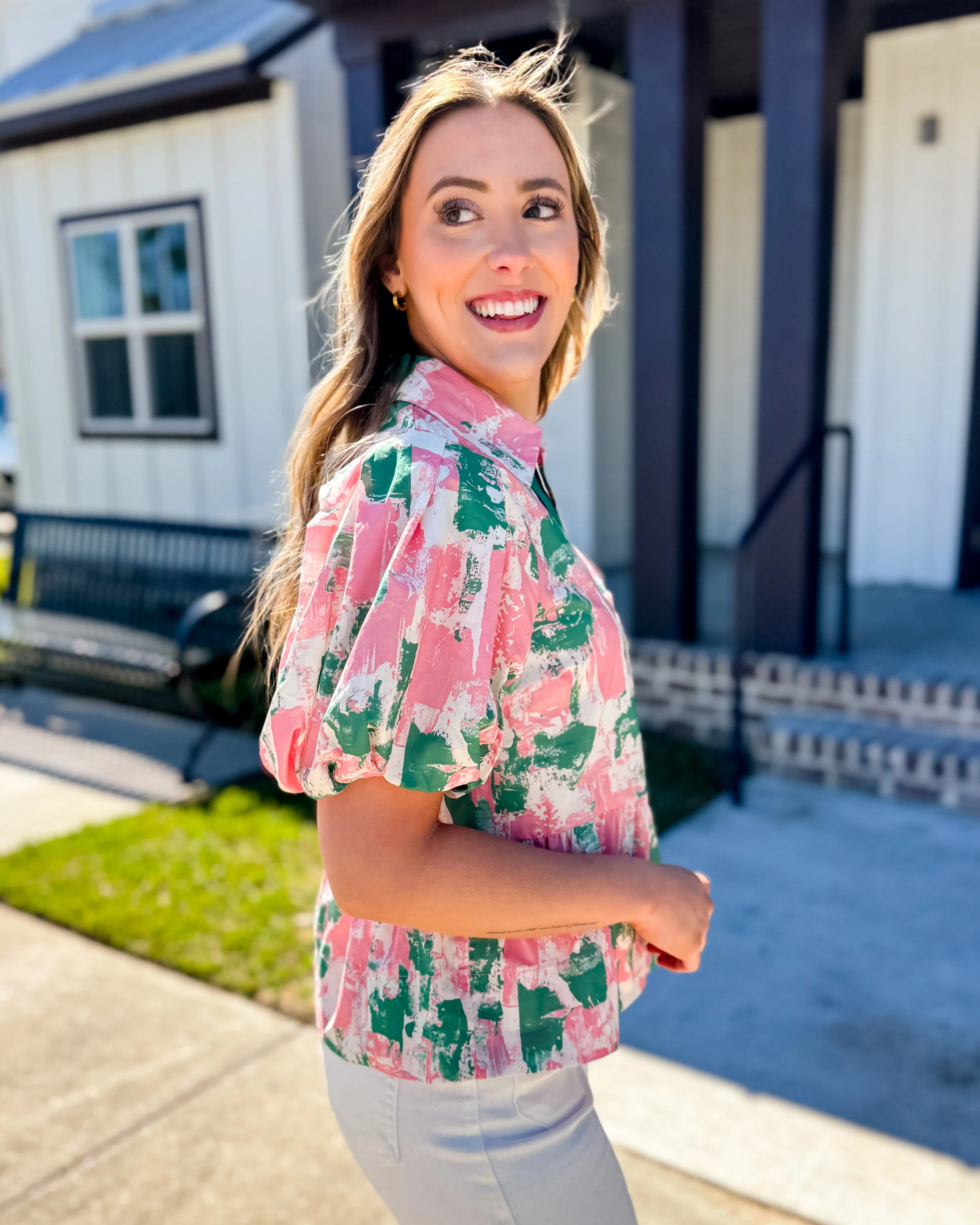 Abstract Pattern Short Bubble Sleeve Peplum Top