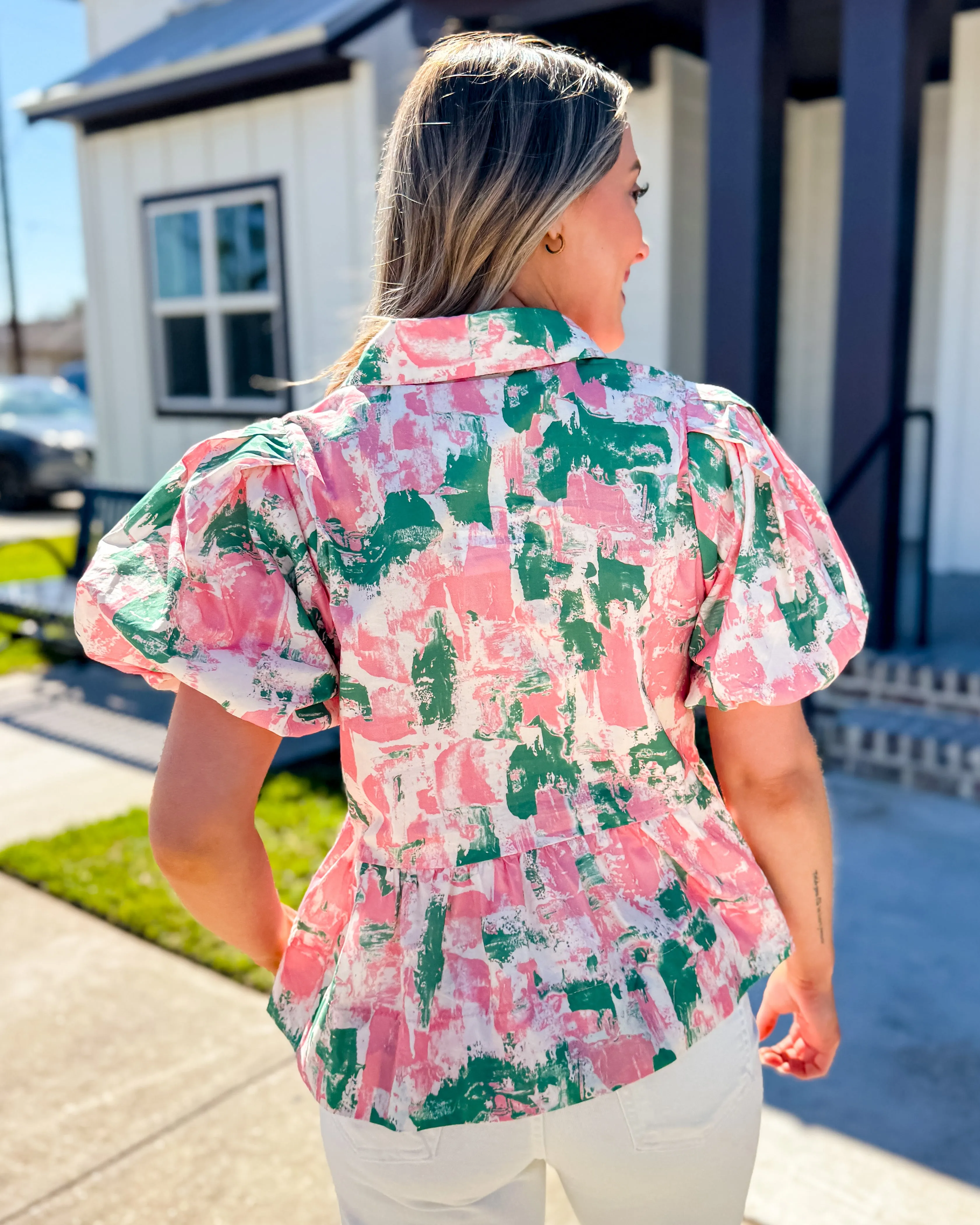 Abstract Pattern Short Bubble Sleeve Peplum Top