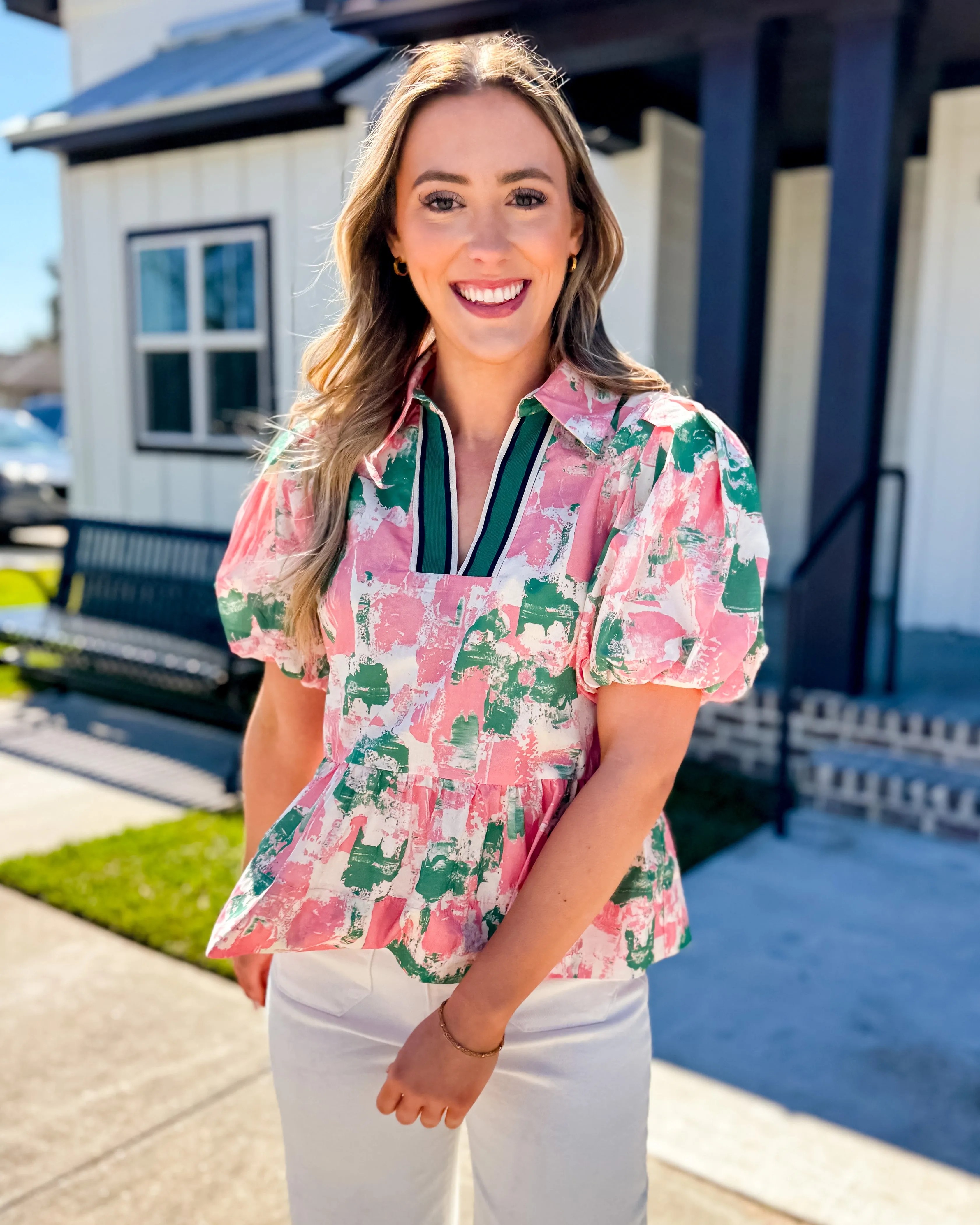 Abstract Pattern Short Bubble Sleeve Peplum Top