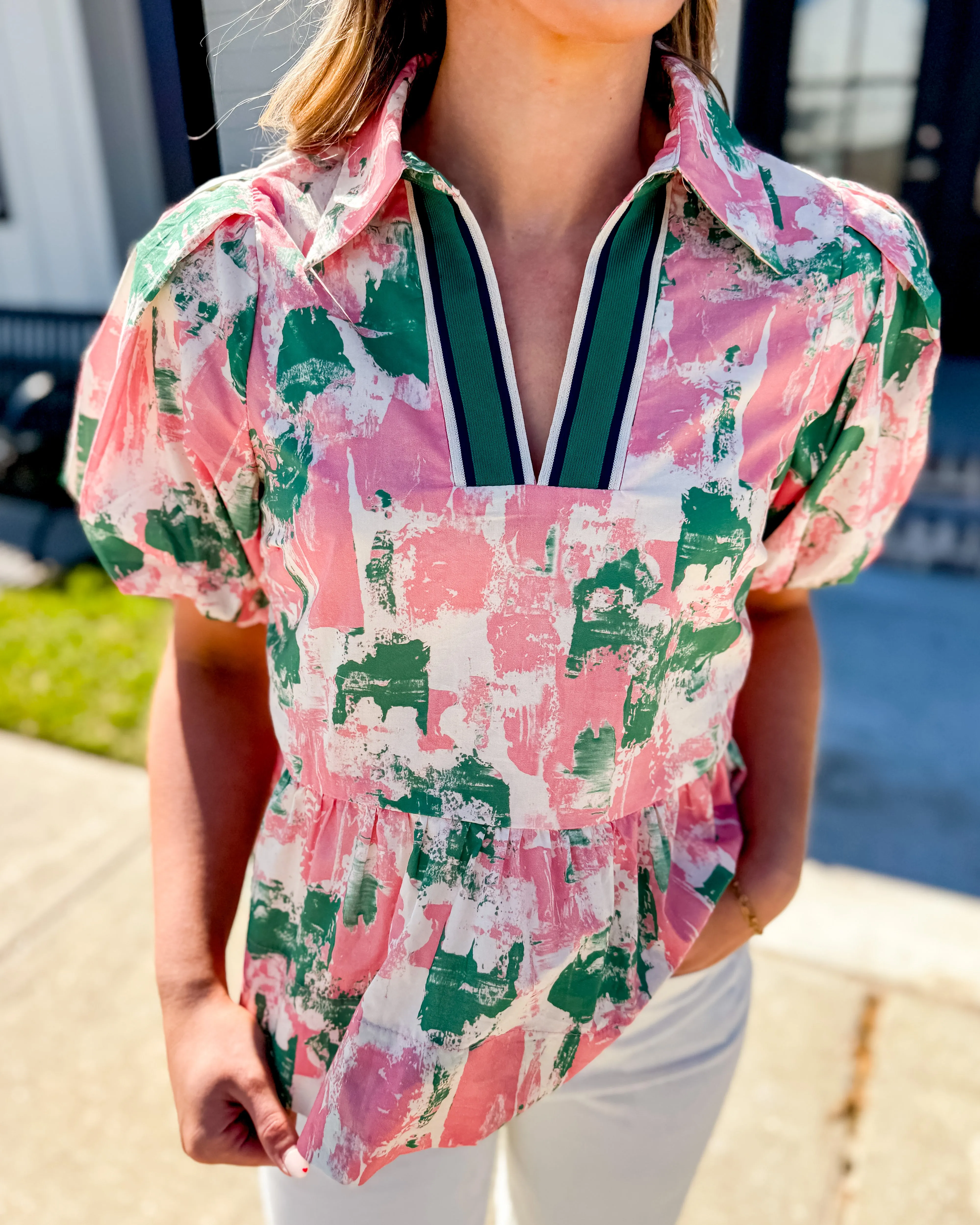 Abstract Pattern Short Bubble Sleeve Peplum Top