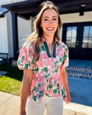 Abstract Pattern Short Bubble Sleeve Peplum Top
