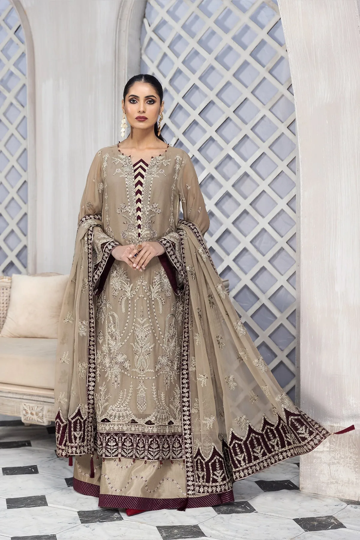 Beige Farshi Gharara with Lavish Embroidery #PF484