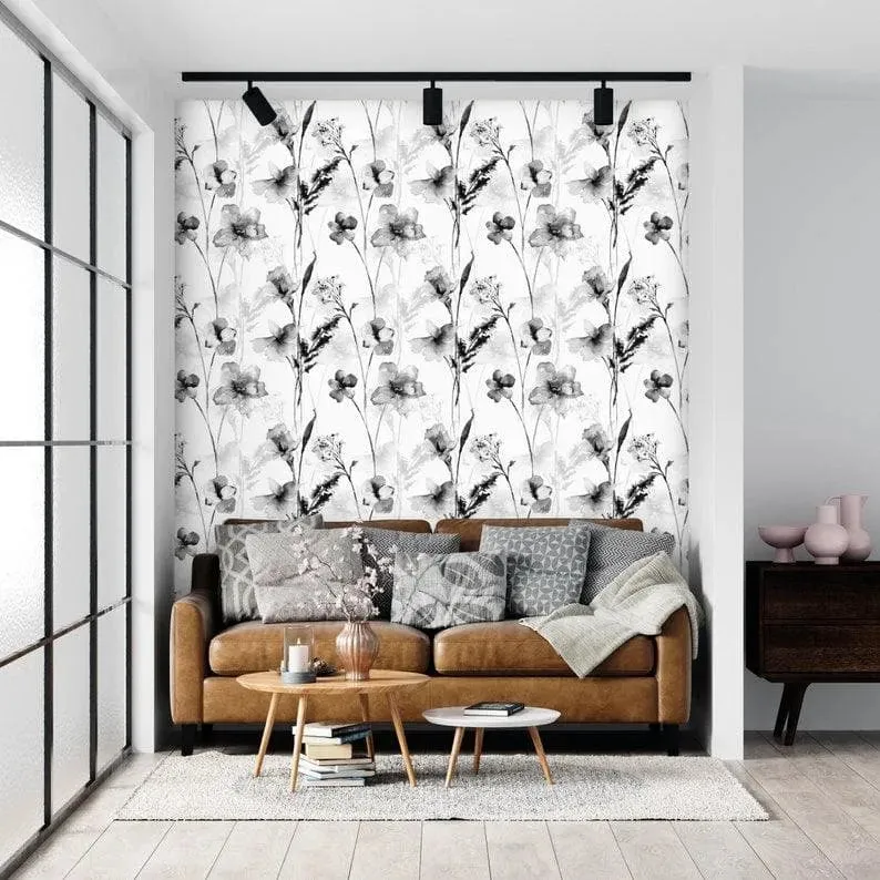 Black and White Delicate Floral Watercolor Wallpaper