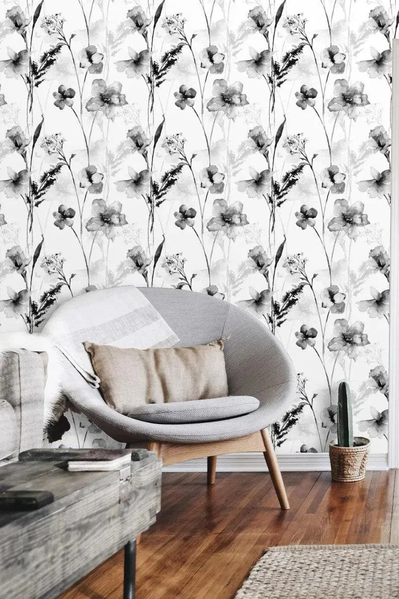 Black and White Delicate Floral Watercolor Wallpaper
