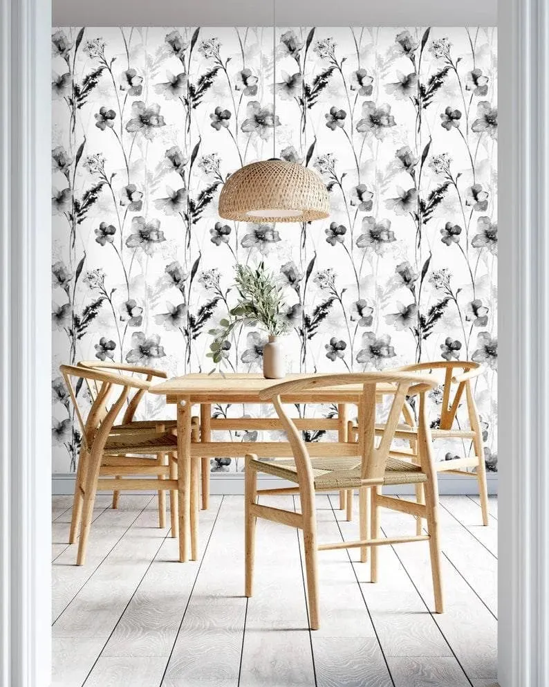 Black and White Delicate Floral Watercolor Wallpaper