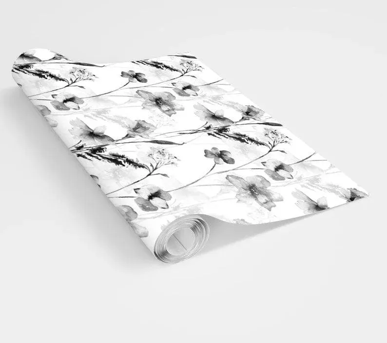 Black and White Delicate Floral Watercolor Wallpaper