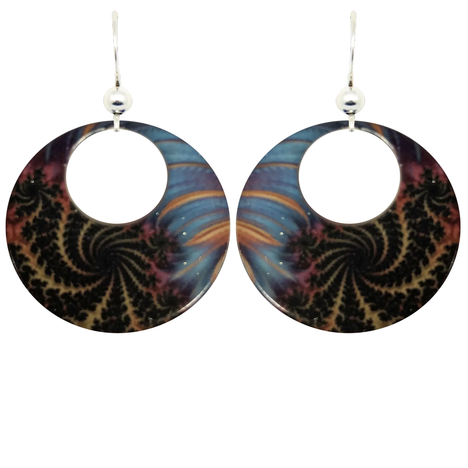 Blue & Black & Gold Swirl Earrings, Sterling Silver earwires, #2528