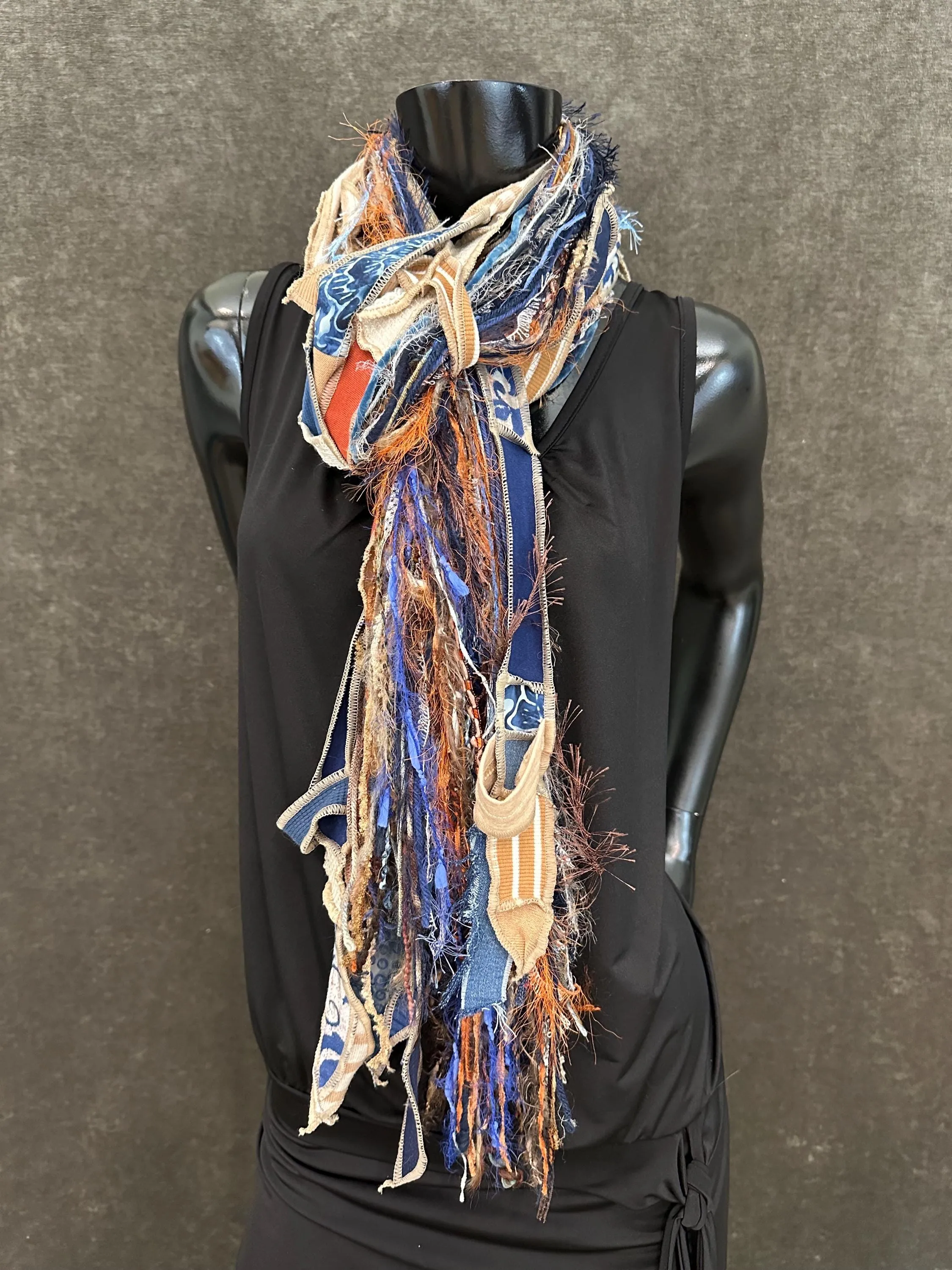 Bohemian jean blue orange tan Boho fabric plus art yarn Scarf, Shreds Fringie yarn scarf, fiber scarf, street style scarf,