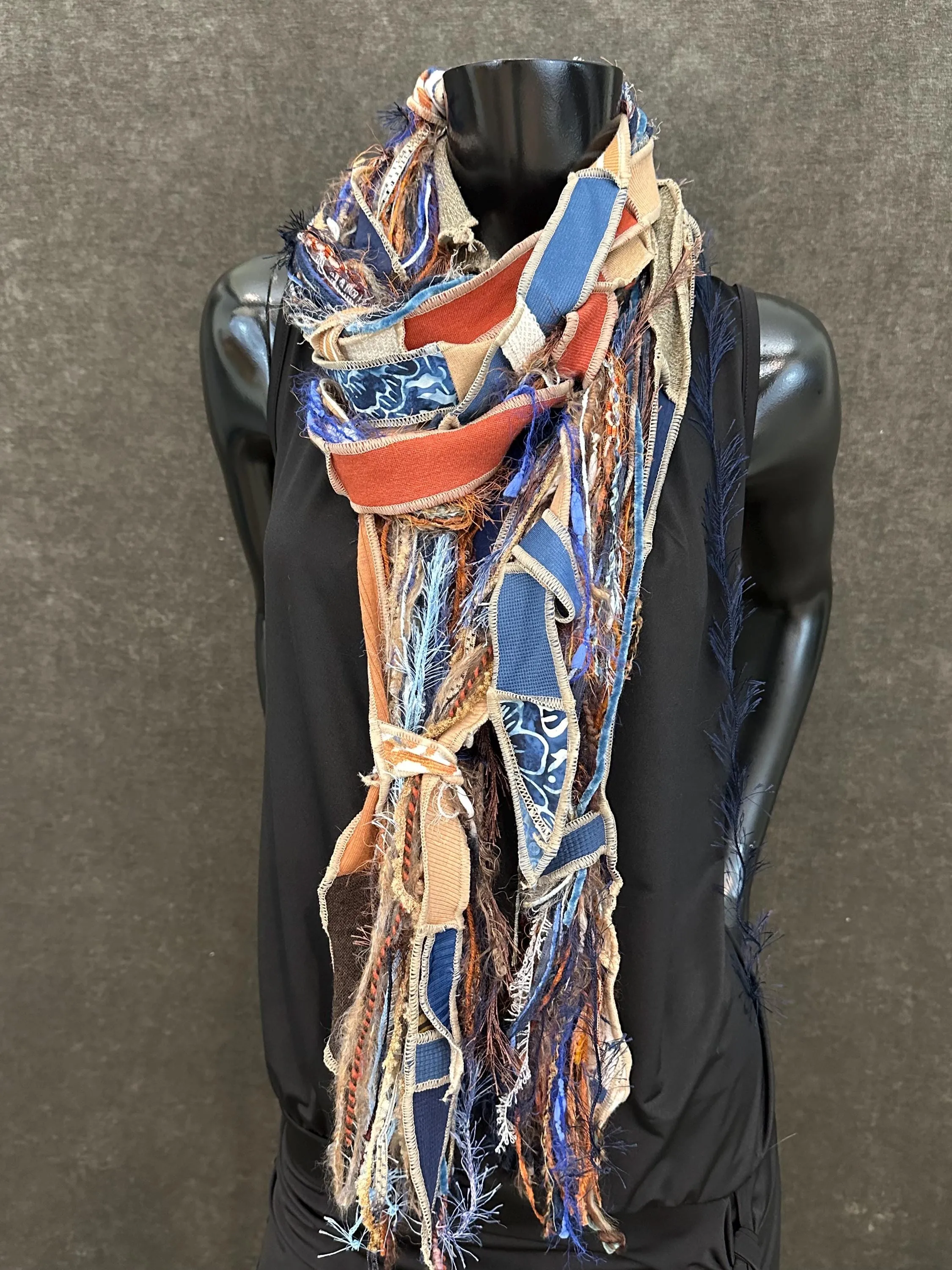 Bohemian jean blue orange tan Boho fabric plus art yarn Scarf, Shreds Fringie yarn scarf, fiber scarf, street style scarf,