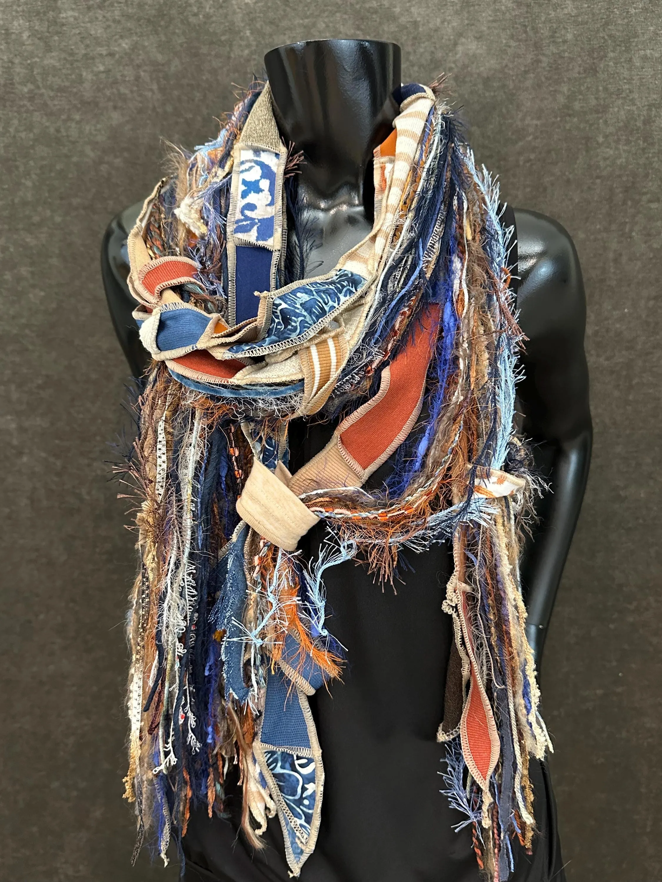 Bohemian jean blue orange tan Boho fabric plus art yarn Scarf, Shreds Fringie yarn scarf, fiber scarf, street style scarf,