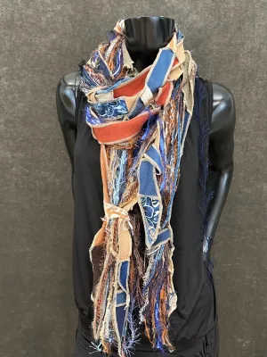 Bohemian jean blue orange tan Boho fabric plus art yarn Scarf, Shreds Fringie yarn scarf, fiber scarf, street style scarf,