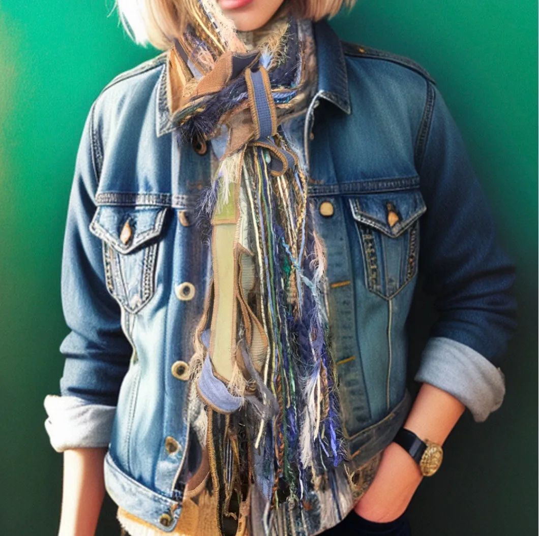 Bohemian jean blue orange tan Boho fabric plus art yarn Scarf, Shreds Fringie yarn scarf, fiber scarf, street style scarf,