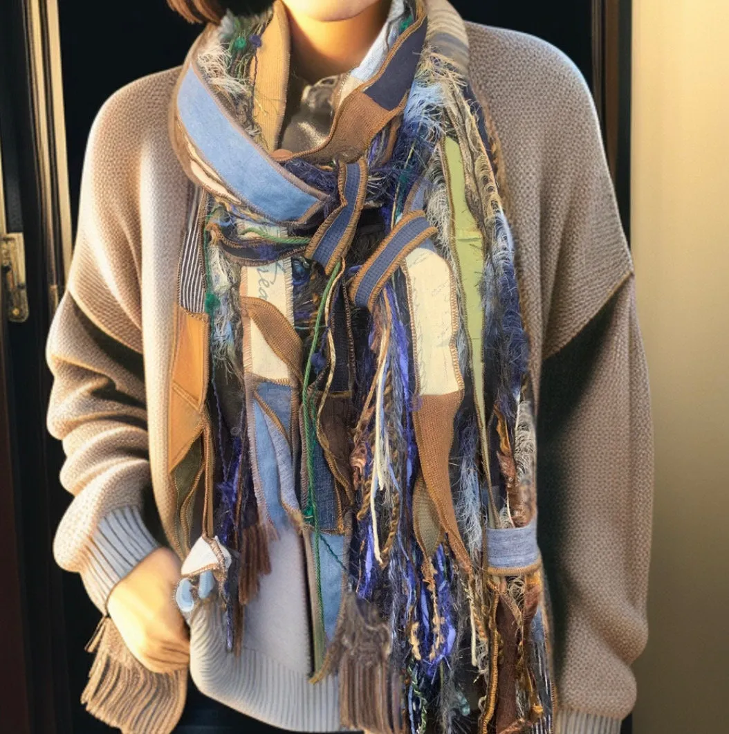 Bohemian jean blue orange tan Boho fabric plus art yarn Scarf, Shreds Fringie yarn scarf, fiber scarf, street style scarf,