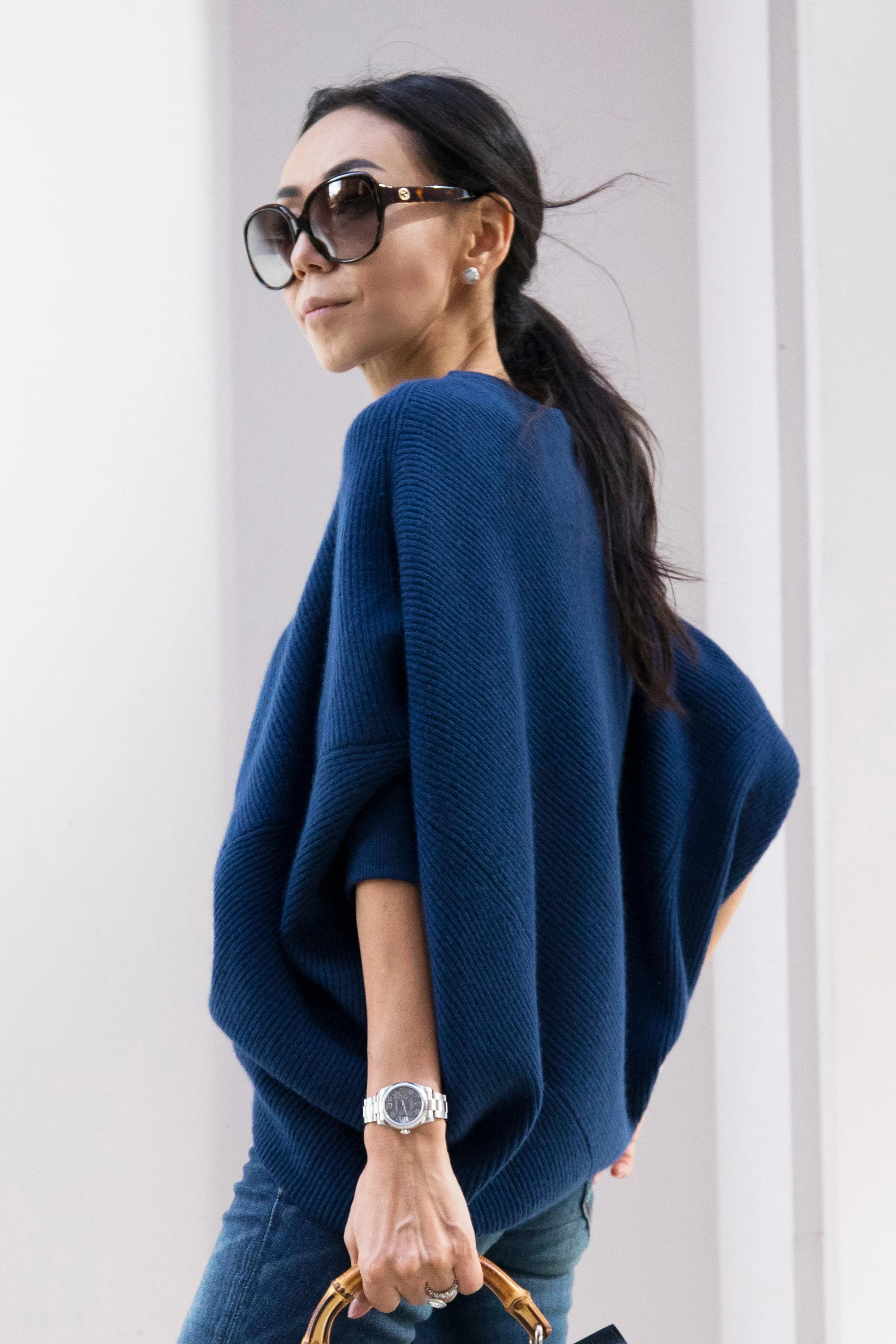 Cara Cashmere Poncho Sweater - Blue