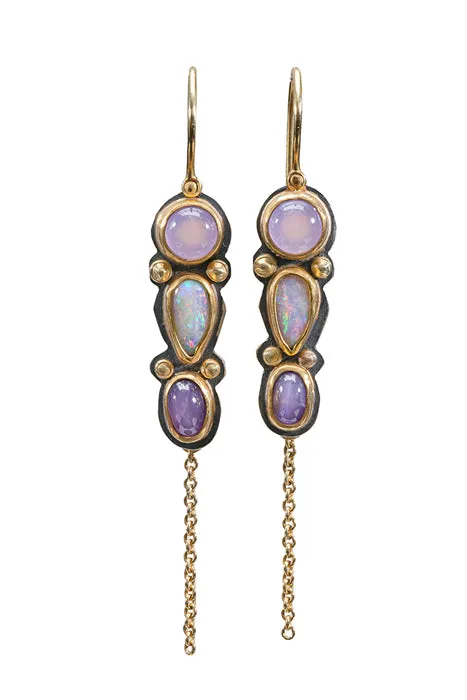 Chalcedony, Opal and Pink Sapphire Talking Stone Earrings - Sterling   22k   18k Gold