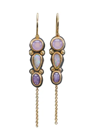 Chalcedony, Opal and Pink Sapphire Talking Stone Earrings - Sterling   22k   18k Gold