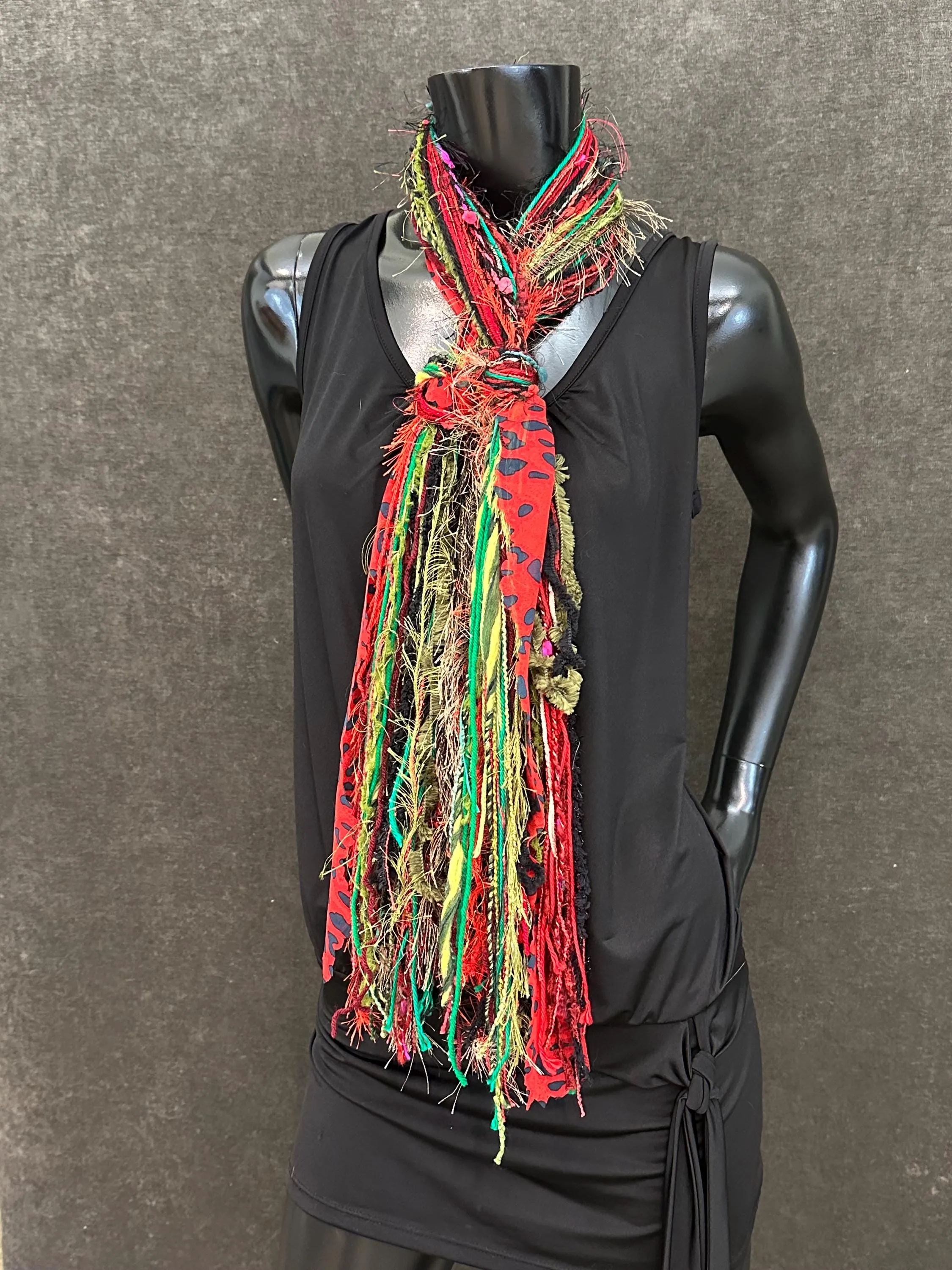 Christmas Scarf, Naughty List Fringie, Christmas color red, green red black white with cheetah and lime green, fashion scarf for Christmas