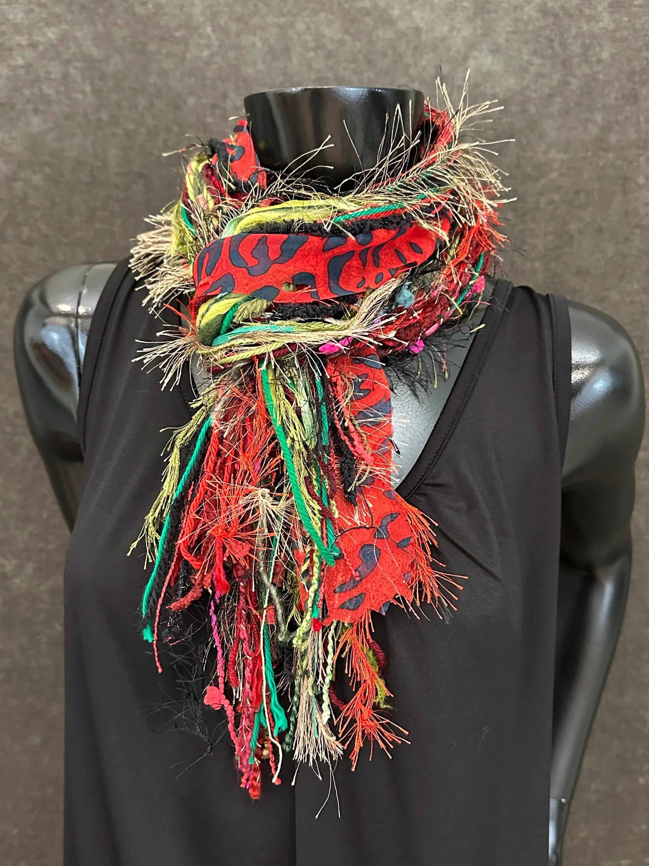 Christmas Scarf, Naughty List Fringie, Christmas color red, green red black white with cheetah and lime green, fashion scarf for Christmas