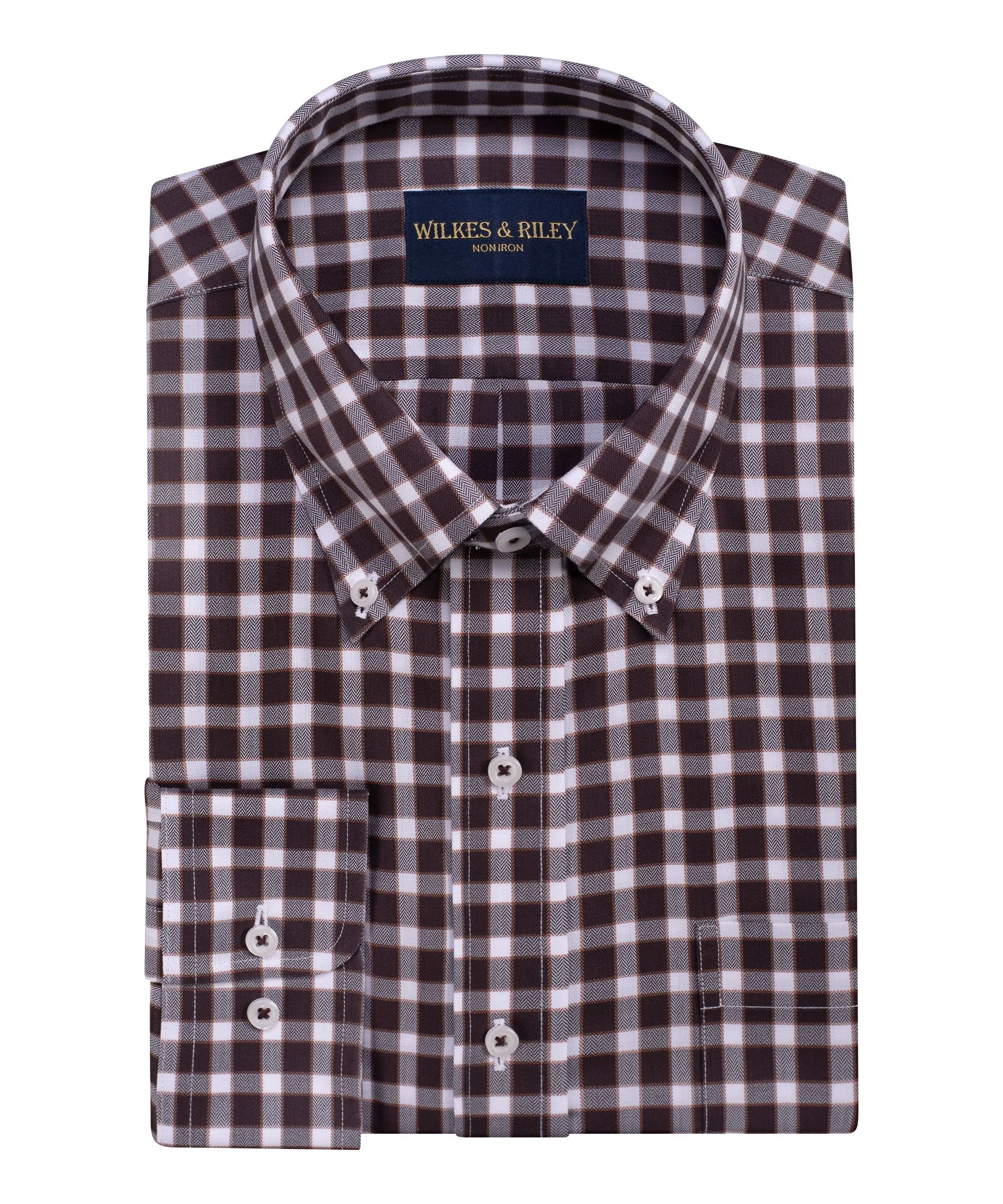 Classic Fit Brown Herringbone Check Button-Down Collar Non-Iron Sport Shirt