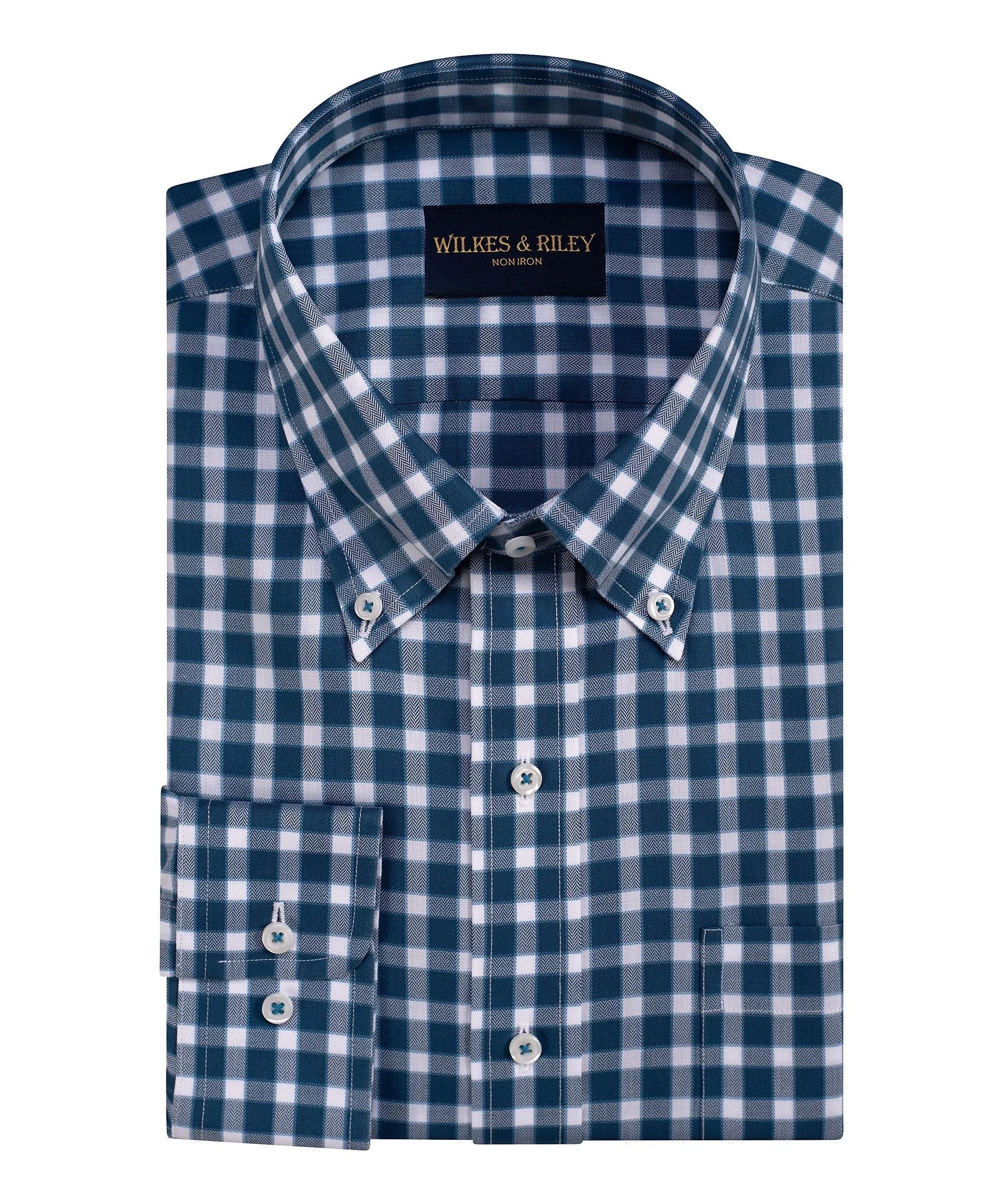 Classic Fit Teal Herringbone Check Button-Down Collar Non-Iron Sport Shirt