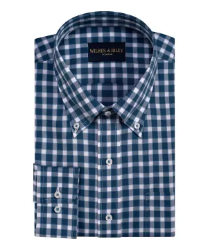 Classic Fit Teal Herringbone Check Button-Down Collar Non-Iron Sport Shirt