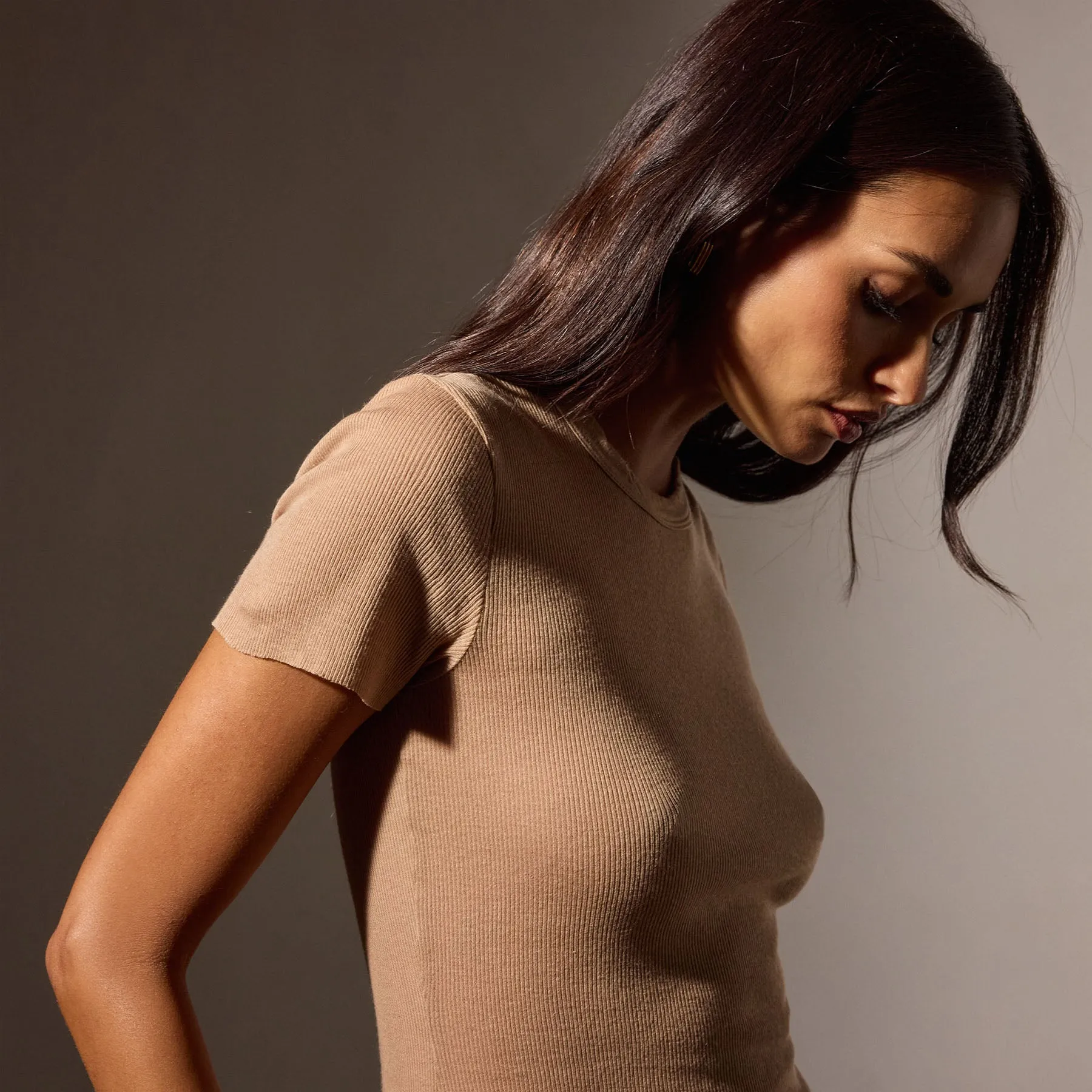 Cotton Cashmere Blend Ribbed Crew - Vicuna