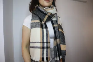 Cream Contrast Check Tartan Blanket Scarf
