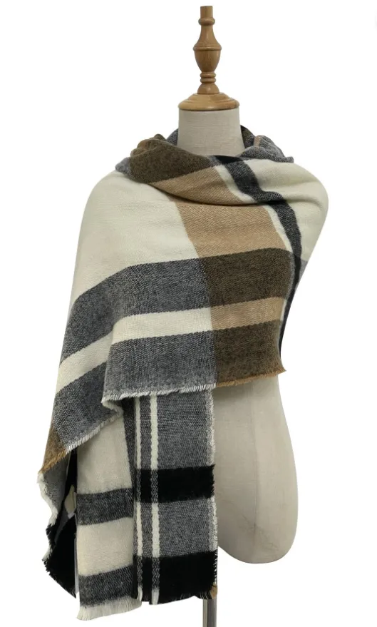 Cream Contrast Check Tartan Blanket Scarf