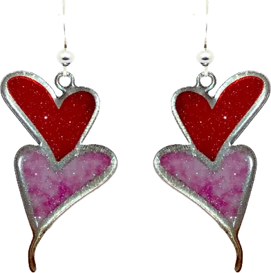Double Pink & Red Hearts, Stainless Steel, Sterling Silver Earwires, #2522