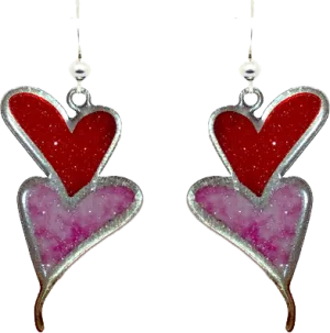 Double Pink & Red Hearts, Stainless Steel, Sterling Silver Earwires, #2522