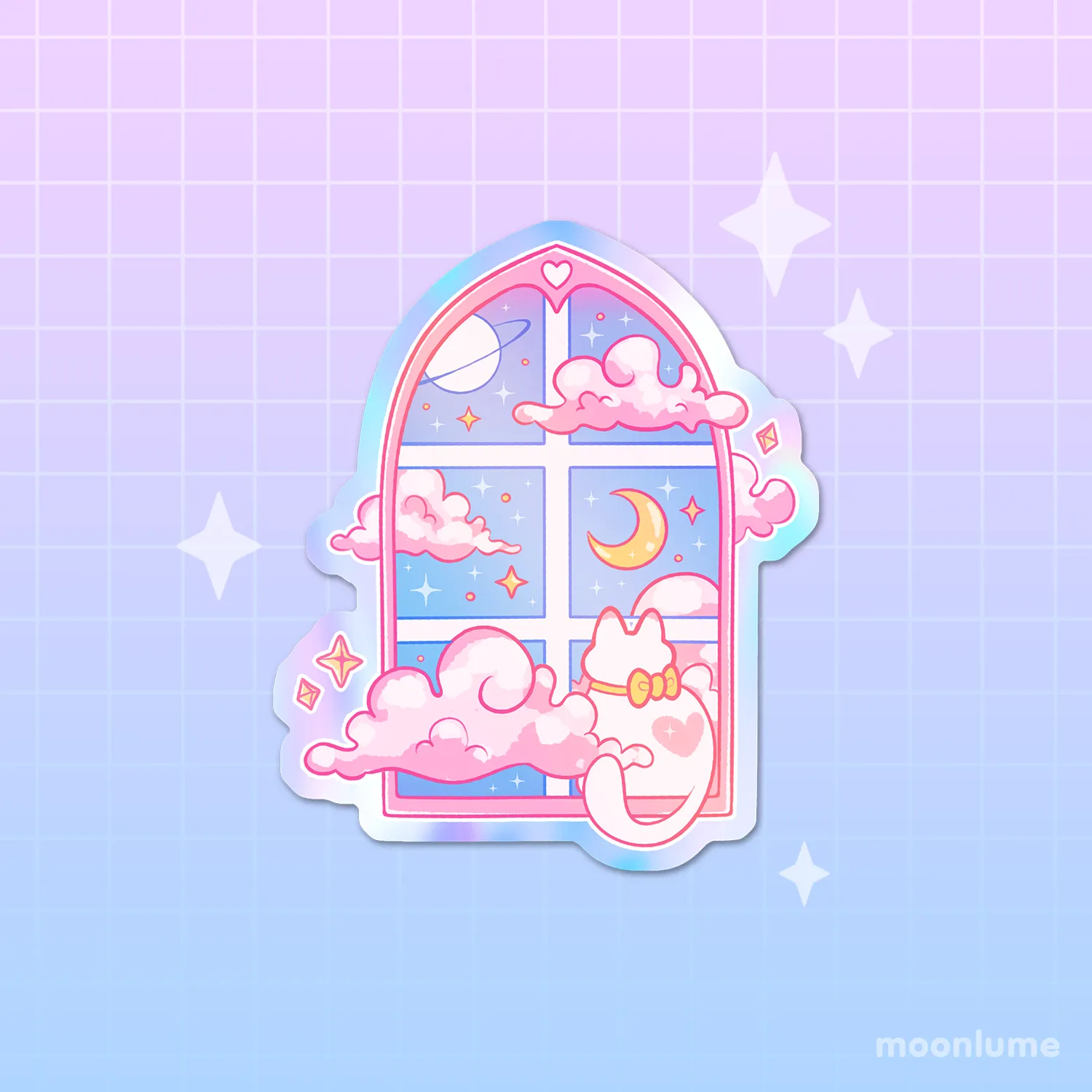 Dreamy Pastel Window Cat - holographic vinyl sticker