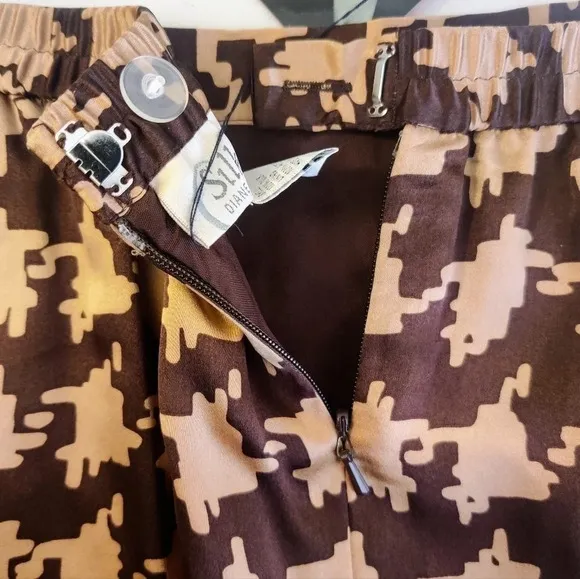 DVF Diane von Furstenberg Vintage Silk Assets Houndstooth Brown-Tan Midi Skirt L