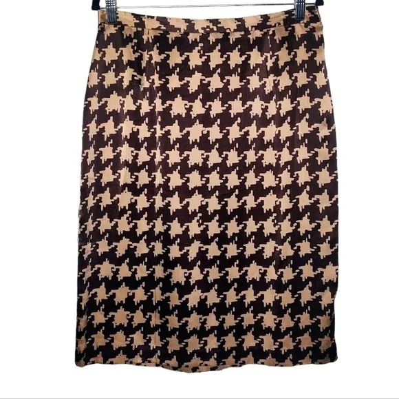 DVF Diane von Furstenberg Vintage Silk Assets Houndstooth Brown-Tan Midi Skirt L