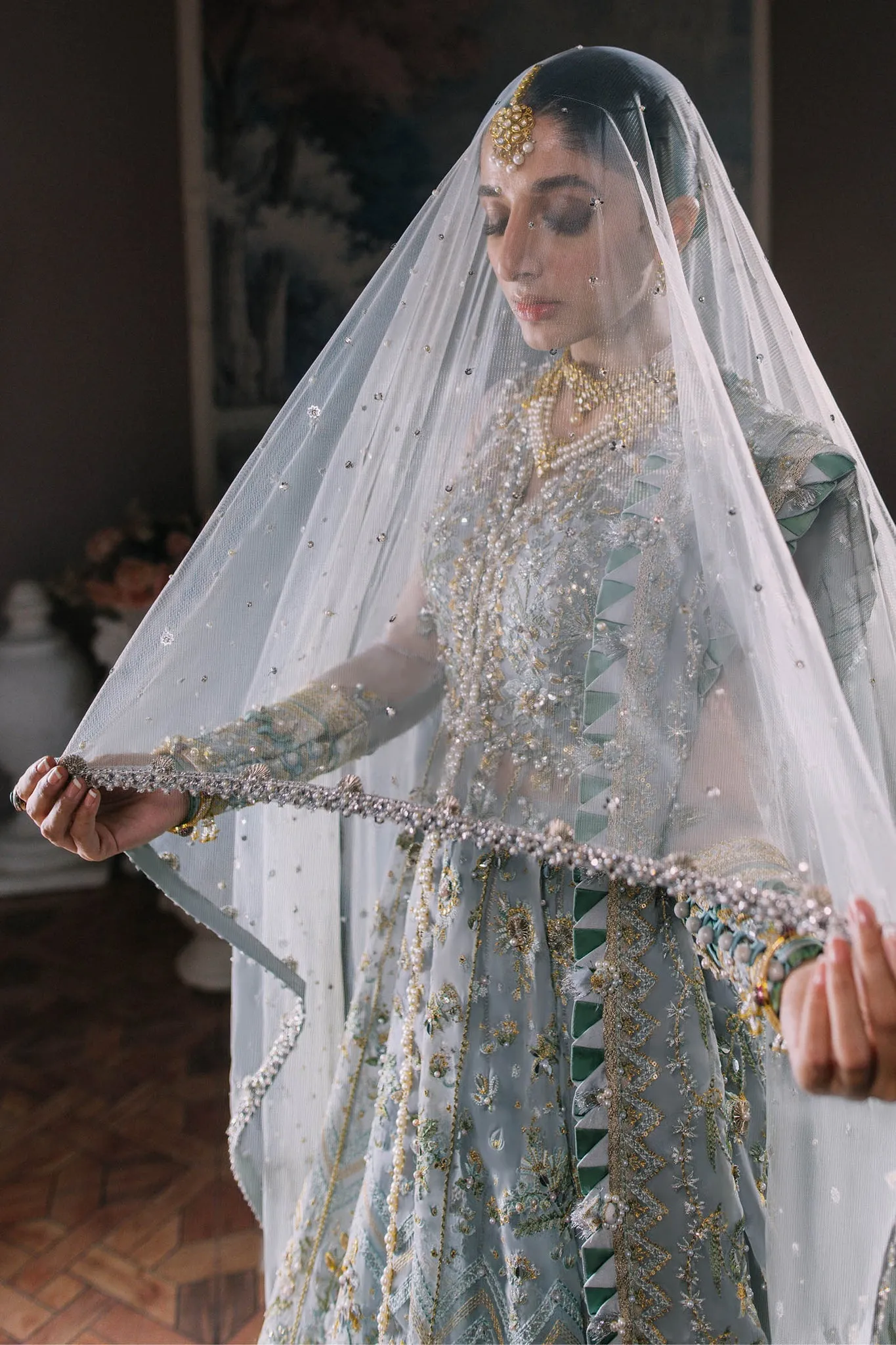 Elegant Ice Blue Embroidered Pakistani Wedding Dress Gown Pishwas