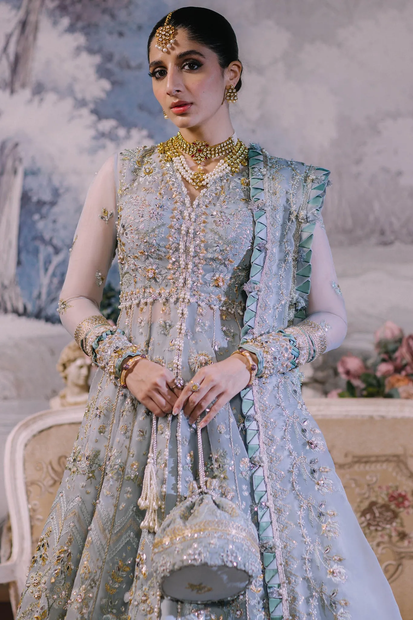 Elegant Ice Blue Embroidered Pakistani Wedding Dress Gown Pishwas