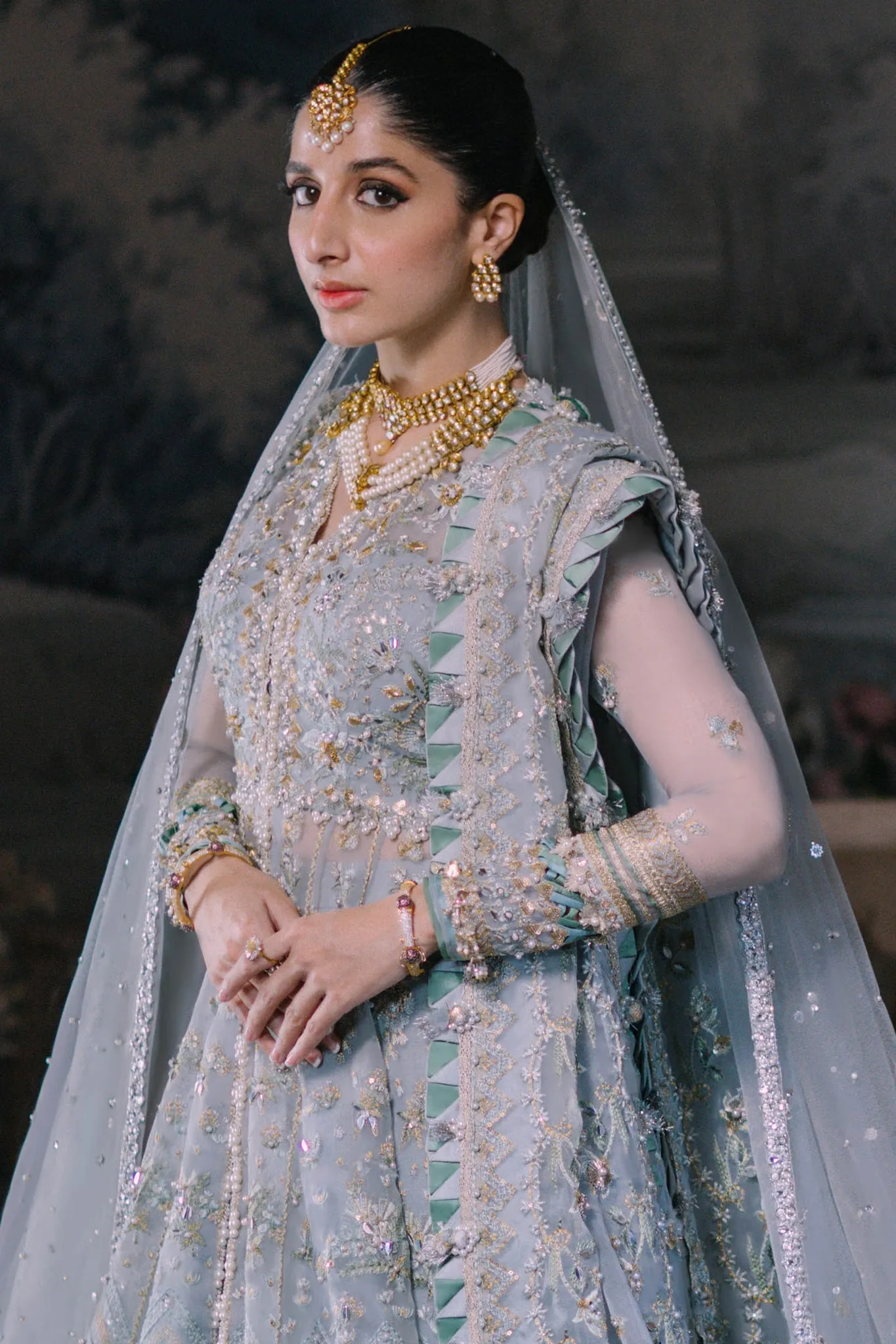 Elegant Ice Blue Embroidered Pakistani Wedding Dress Gown Pishwas