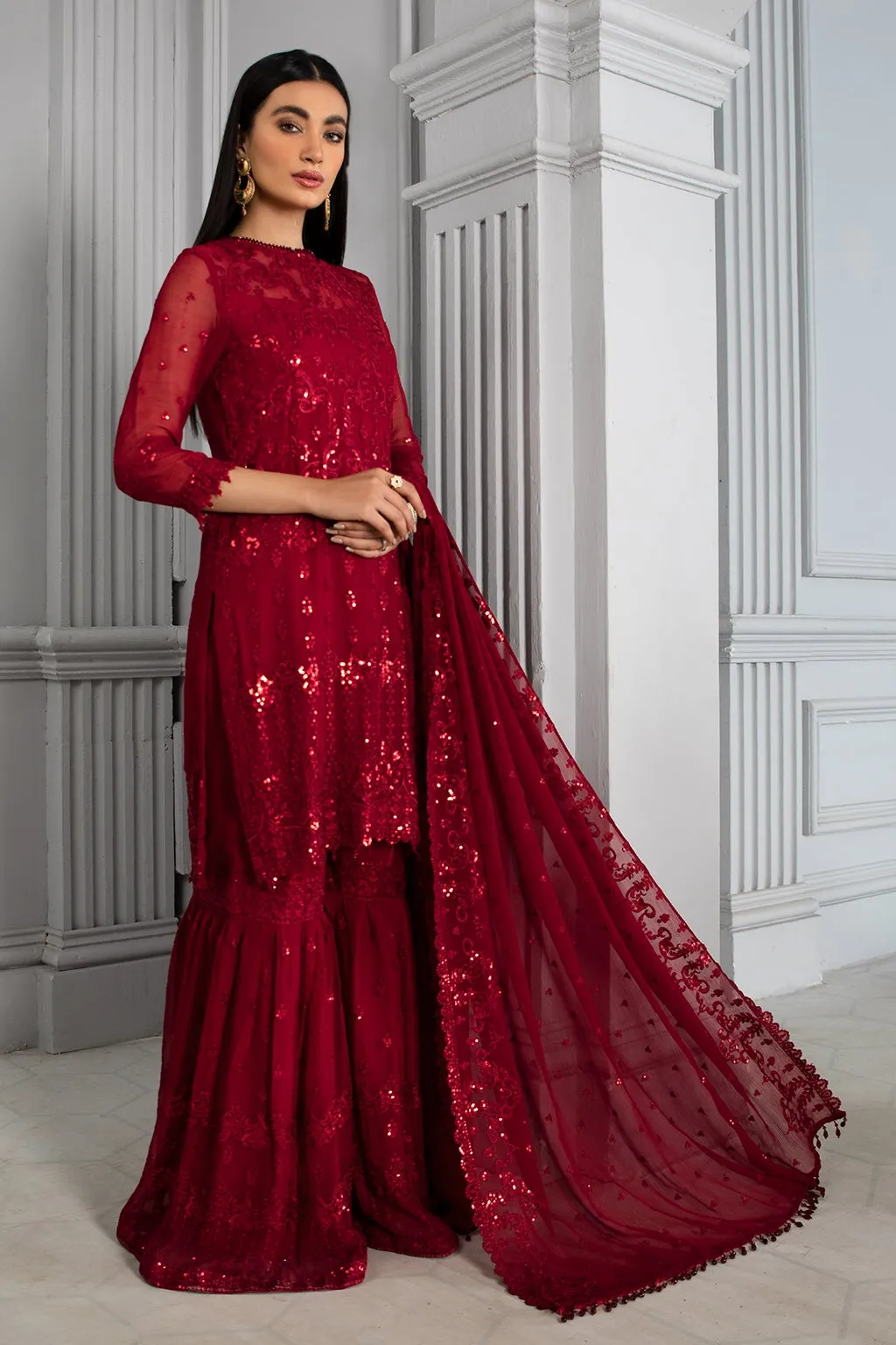 Embellished Red Pakistani Dress with Gharara #PF328