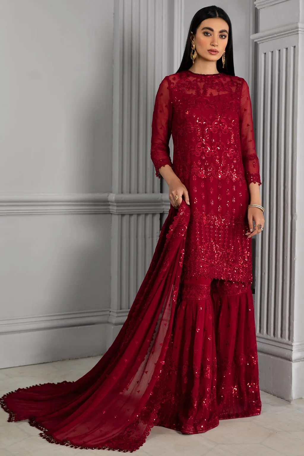Embellished Red Pakistani Dress with Gharara #PF328
