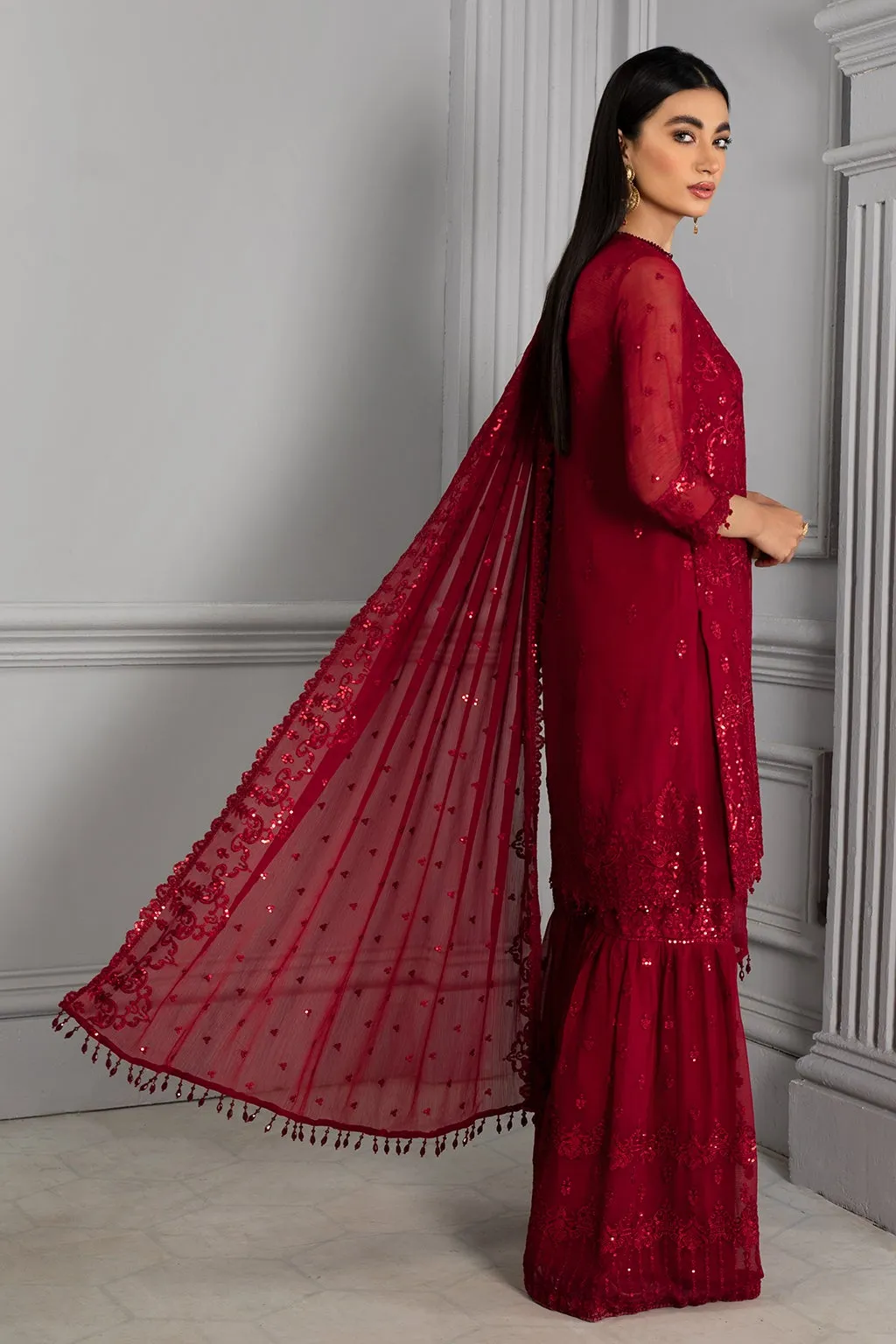 Embellished Red Pakistani Dress with Gharara #PF328