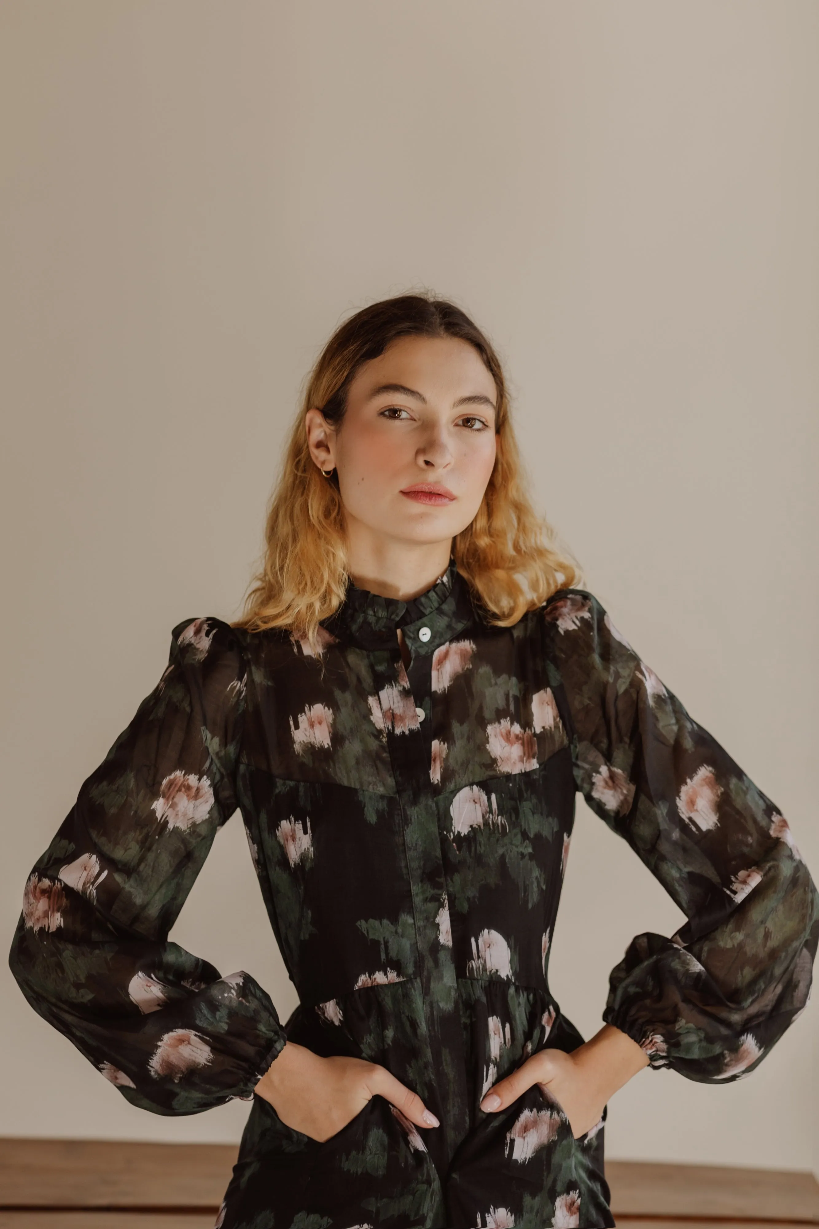 Felicia Dress / Black   Rose Watercolor Floral Cotton Voile
